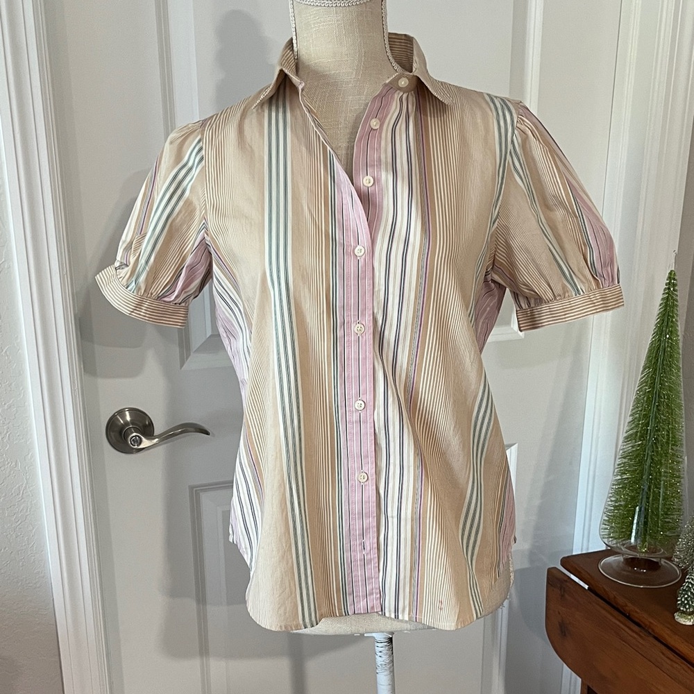 Ralph Lauren Multicolor Striped Puff sleeve Broad Cloth Button-Down Shirt NWOT